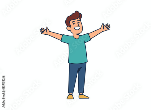A joyful, smiling man stands with his arms outstretched, relishing the moment. He exudes a modern, carefree vibe, radiating calm positivity and pleasure. The image is a flat vector illustration set