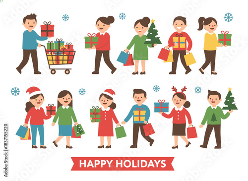 Joyful shoppers clutching gift boxes, bags, and fir trees during the Christmas shopping season. A group of men and women with holiday presents, preparing for the winter holidays. Flat vector