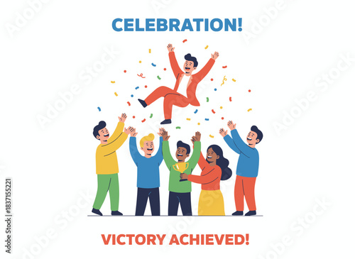 A cheerful cartoon illustration shows people tossing a figure who celebrates success, depicted in flat vector style. A group of upbeat friends together celebrate victory and achievement against a