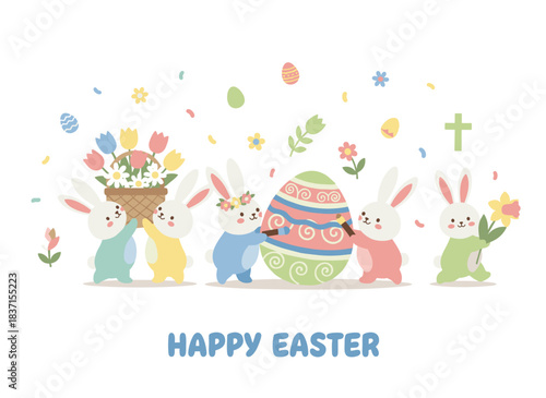 A collection of charming Easter bunnies set against a white backdrop, depicting playful animals celebrating the spring holiday by adorning a giant egg and holding flowers, rendered as a flat vector