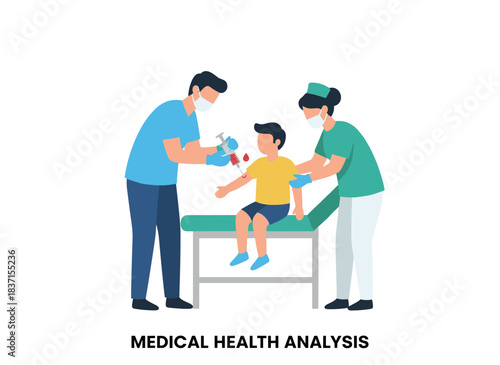 A doctor draws venous blood from a child's vein for lab testing, and a nurse performs intravenous sampling on the child for medical analysis, shown as a flat vector illustration on a white background