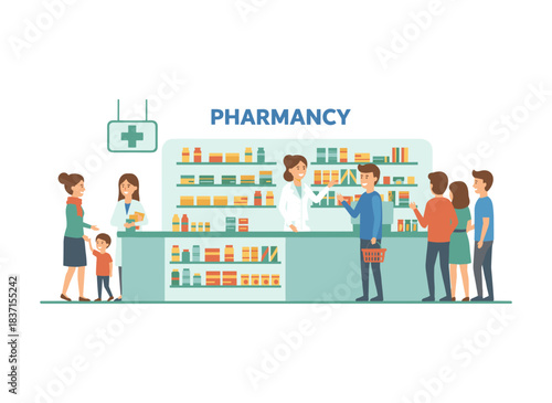 A pharmacist assists shoppers in selecting medications at the pharmacy, while customers gather at the counter to purchase drugs and discuss options with the druggist, depicted in a colorful flat