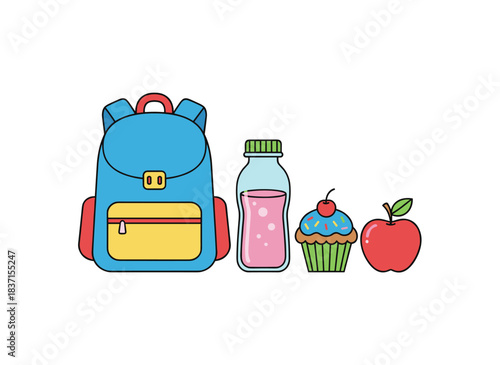 A bright, kid-friendly flat vector illustration of a meal featuring a cartoon school backpack, a beverage bottle, a sweet treat, and an apple, all set against a white background, depicting a playful