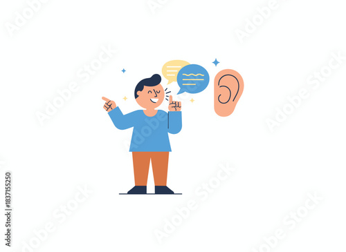 A cheerful figure spreads gossip, pointing with a finger while chatting and whispering rumors, depicted as a flat vector illustration on a white background