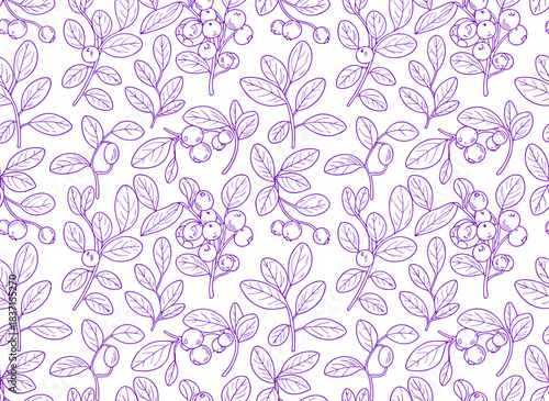 A monochrome seamless pattern featuring hand‑drawn arctic lingonberries outlined in purple against a white backdrop, depicting a boreal forest berry in engraving‑style botanical illustration for