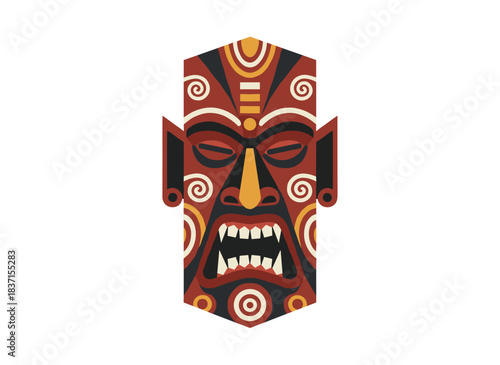A traditional African tribal mask, teeth bared and radiating anger, depicted as a flat vector illustration against a white background, represents ancient sacred art