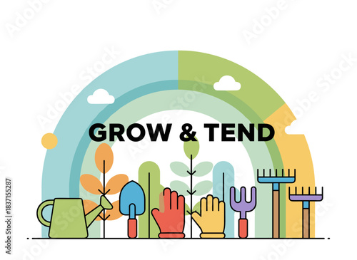 A sleek, horizontal background showcases gardening tools positioned at the bottom edge against a white backdrop, illustrating agricultural gear for plant cultivation and garden or farm work in a