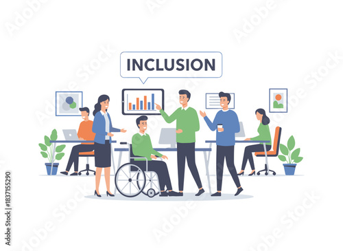 An inclusive office setting with a diverse workforce, featuring a disabled employee in a business team and a wheelchair user on site, exemplifying the concept of inclusion through a flat vector