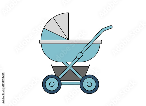 Baby pram, stroller, buggy pushchair, kids carriage with storage basket, empty infant cradle with canopy and sunshade, newborn transport, all rendered as a flat vector illustration on a white