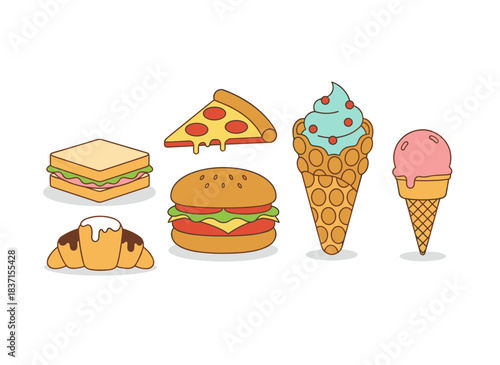 A street‑fast‑food assortment showcasing sweet desserts, snacks, and takeaway fare, such as burgers, pizza, sandwiches, bubble waffles, ice‑cream cones, and filled croissants, depicted as flat vector