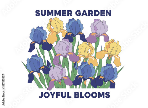 Irises featured in a floral card design, showcasing gorgeous spring blossoms with lush petals and leaves set against a summer nature poster background, perfect for a postcard of beautiful blooming