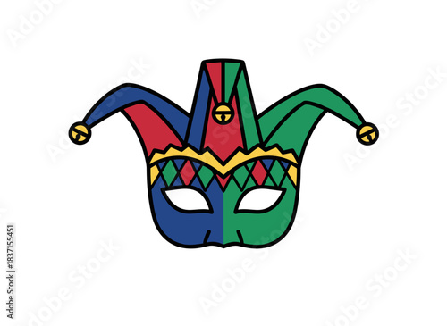 A sophisticated jester or harlequin mask, set against a clean white backdrop, serves as a decorative piece for Venetian carnivals, Mardi Gras parades, or masquerades, rendered in vibrant vector line