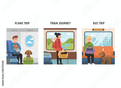 Set your travel with pets in motion: people with cats and dogs embark on planes, trains, and buses, while adorable animals ride in carriers, cages, or backpacks, all depicted as flat vector