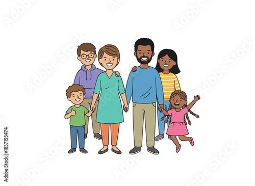 A joyful family featuring biracial parents and their children, along with a stepmother and stepfather raising a son and daughter, depicted as a flat vector illustration on a white background