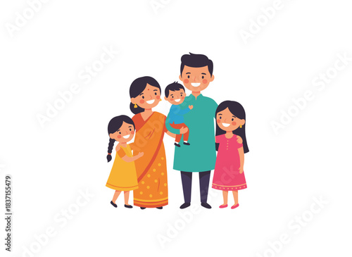 A big, affectionate Indian family: a father and mother holding their toddler son while their two daughters stand beside them, depicted as beautiful flat cartoon figures against a white backdrop in a