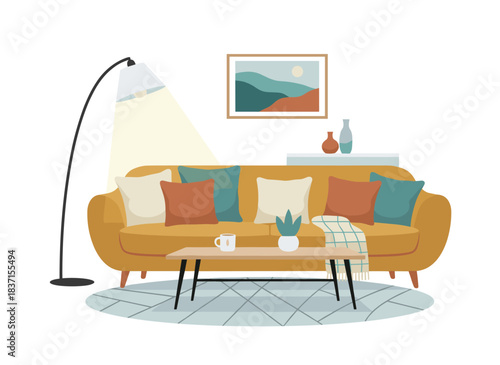 A snug living room featuring a plush sofa, cushions, and a coffee table, complemented by a modern interior design that includes a couch, floor lamp, rug, picture, and decorative elements, rendered as