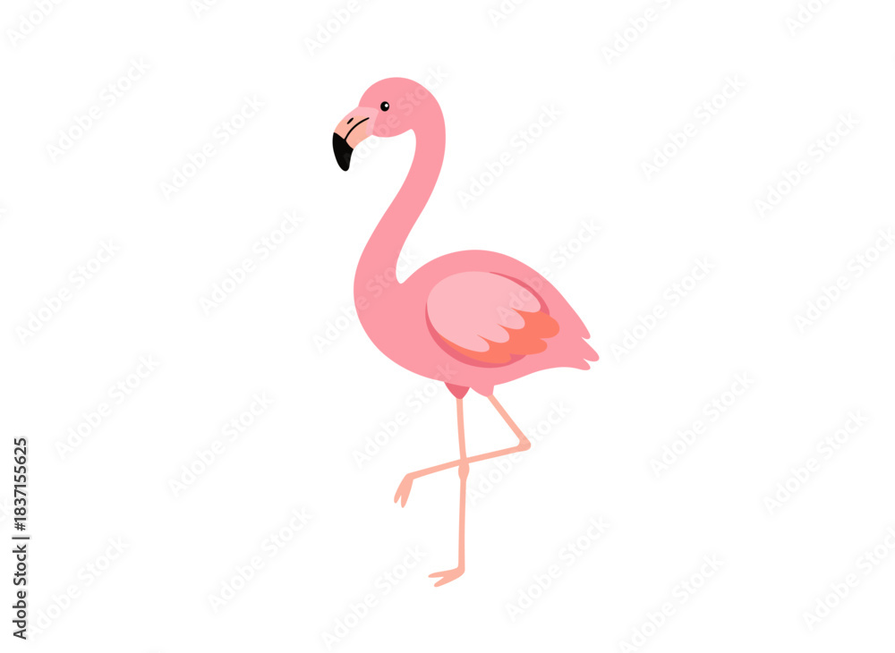 Fototapeta premium A cute pink, hand‑drawn flamingo vector illustration in flat style, depicting an adorable, exotic, colorful bird standing alone on a white background, with its long legs, neck, and wild wings adding