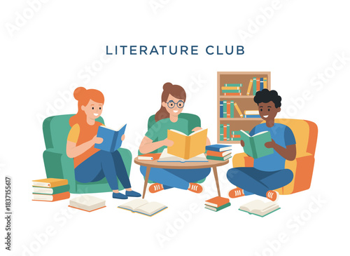 Together we read books, our passion shared by bookworms and literature club students who study and spend time with textbooks, captured in a flat vector illustration on a white background that