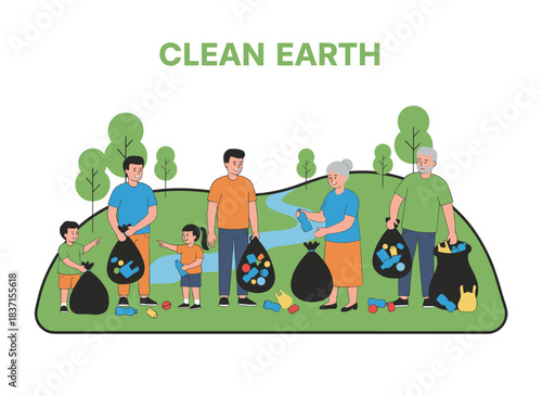 Both young and older individuals clean the environment by gathering trash into bags, while families collaborate to remove plastic debris, depicted in a bright flat vector image set against a white