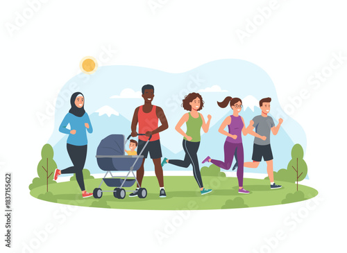 A group of diverse people jog through a park, engaging in an outdoor marathon and cardio training, featuring active young men and women, depicted as a flat vector illustration of a nature-based