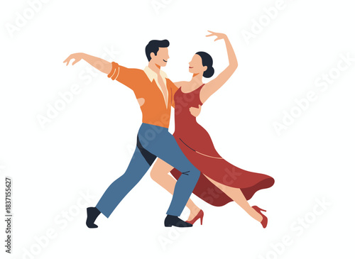 A pair of dancers performs a passionate rumba duet, with a man and woman striking graceful poses, happily executing choreography in a flat vector illustration set against a white background