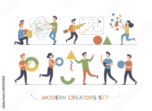 Joyful creatives and business professionals surrounded by abstract geometric shapes. A contemporary cohort of creators. Male and female designers craft something from chaotic geometry. Bright flat