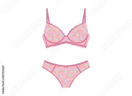 Patterned women's underwear. Sophisticated sexy lingerie comprising a bra and panties. A pink wireless bra featuring straps and laces. A colored flat vector illustration set against a white