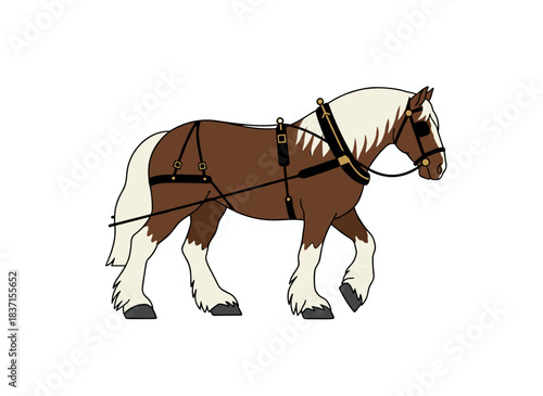 A heavy draft horse of the Shire breed, a working stallion, strides forward with feathered legs, a mane, and long hair, illustrated as a flat vector graphic on a white background