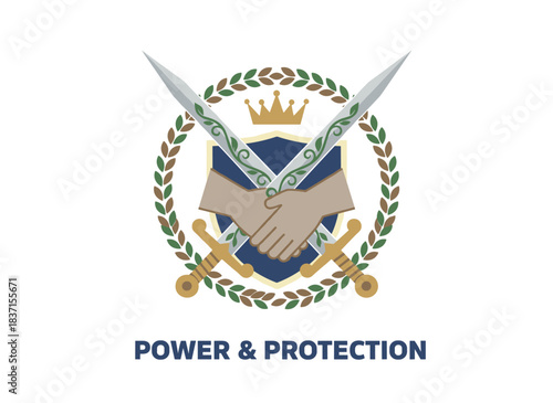 Crossed swords held by hands, their blades sharp; medieval metal longswords adorned with leaf motifs; a symbol of power, defense, and protection; a flat vector illustration set against a white