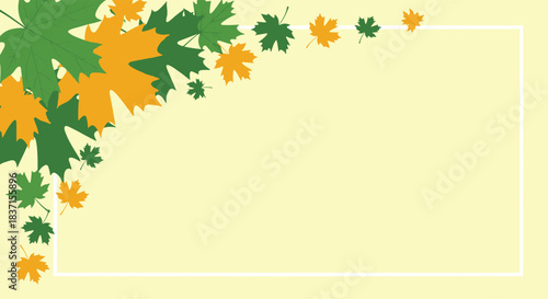 Vibrant autumn leaves in green and gold on a soft yellow background, forming a decorative corner design with a clean white frame.