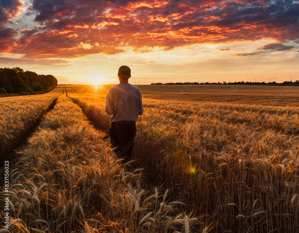 Fototapeta premium Back view of a man in a golden wheat field at sunset. Hope, nature, success, growth, and rural life concepts. Warm light, rich texture, and vibrant colors.