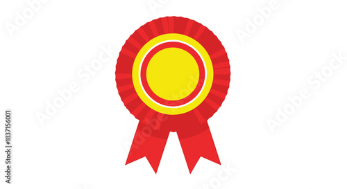 A vibrant red and yellow rosette ribbon, symbolizing achievement, success, and a winner's prize, presented as a flat vector illustration.