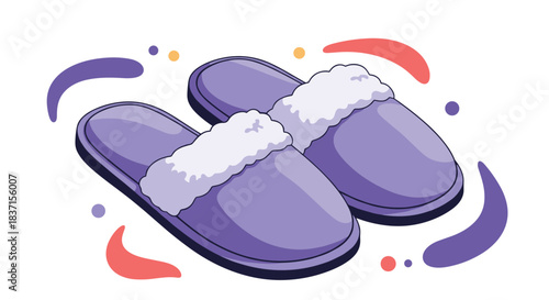 A cozy illustration of comfortable purple house slippers with soft, fluffy white trim, featuring abstract colorful shapes against a bright white background.
