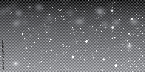 Snowflakes on a transparent background. Heavy snowfall, snowflakes in different shapes and forms. Winter. Snow background. Snowflakes isolated