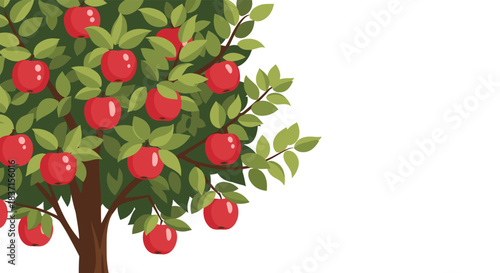 A vibrant and lush apple tree laden with ripe red fruits and green leaves, set against a clean white background, ideal for seasonal designs.