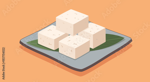 Nutritious beige tofu cubes, a versatile plant-based protein, are artfully arranged on a gray plate with a green leaf against a warm orange background.