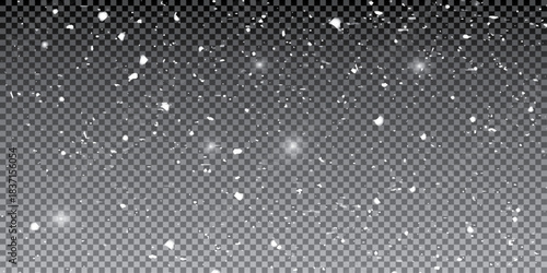 Falling snowflakes out of focus on transparent background for overlay blending mode. Snowing, snowfall, snow on black, selective focus