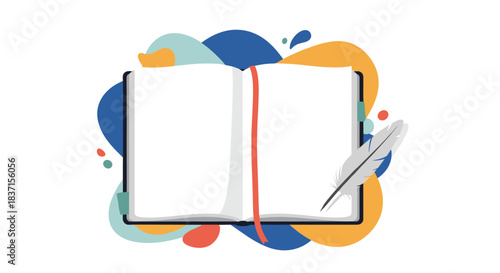 An open book with blank pages and a feather quill, surrounded by colorful abstract shapes, symbolizing writing, education, and creative inspiration.