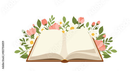 An open book with blank pages is surrounded by a vibrant arrangement of pink and white flowers and green leaves, symbolizing learning and nature.
