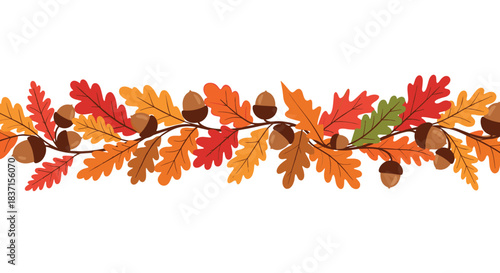Vibrant autumn oak leaves in red, orange, and yellow, with brown acorns on a twisting branch, form a festive fall season border design.
