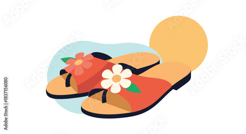 A pair of vibrant orange and beige summer slippers adorned with charming floral details, set against a soft blue and warm yellow background.