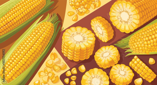An overhead composition features fresh corn on the cob, both whole and sliced, alongside scattered kernels on a patterned brown and beige background.