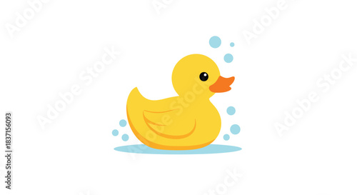 Bright yellow rubber duck toy in a whimsical bath with bubbles, an iconic symbol of childhood and joyful cleanliness.