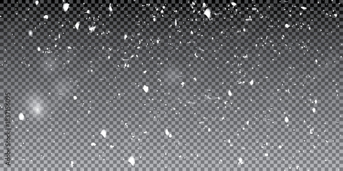 Falling snowflakes out of focus on transparent background for overlay blending mode. Snowing, snowfall, snow on black, selective focus
