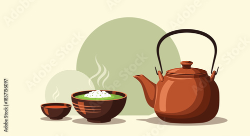 Traditional Japanese tea ceremony setup featuring a rustic brown teapot and two steaming bowls of green matcha and hot tea.