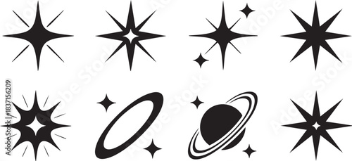 Deformed stars, y2k blings, abstract sharp lines, spikes, cybersigilism, tribal elements, various distorted stars, rave burst. Collage retrofuturistic tribal cosmos elements. Vector graphic se