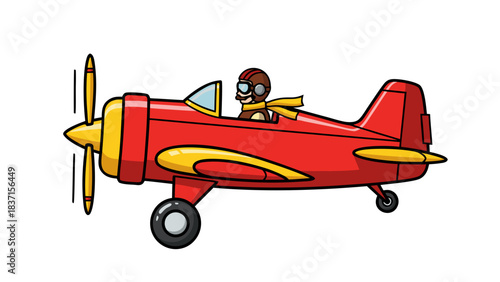 Pixel Art Red Biplane With Yellow Accents Piloted By A Cartoon Character Wearing Goggles And Brown Aviator Cap Isolated On Black Background