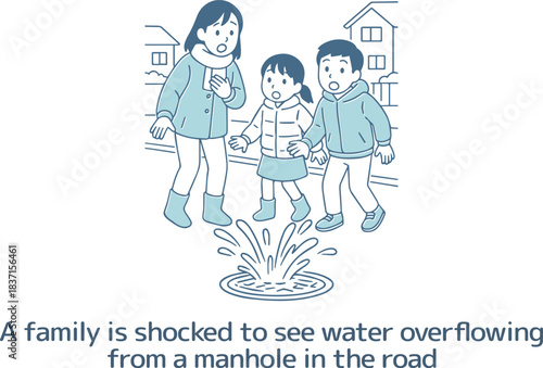 道路のマンホールから水が溢れているのを見て驚いている犬の散歩をしている家族
A family walking a dog is surprised to see water overflowing from a manhole in the road