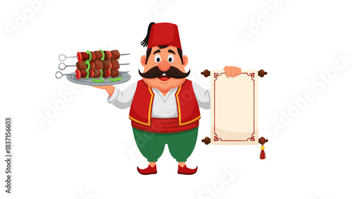 Pixel Art Man In Traditional Turkish Clothing Holding Shish Kebabs And A Blank Menu With Festive Red And Green Colors Against A Black Background.