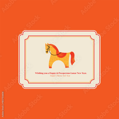 Chinese Lunar New Year Horse 2026 Vector Greeting Card. Traditional Zodiac Animal Illustration in Folk Art Style. Chinese New Year celebration concept.